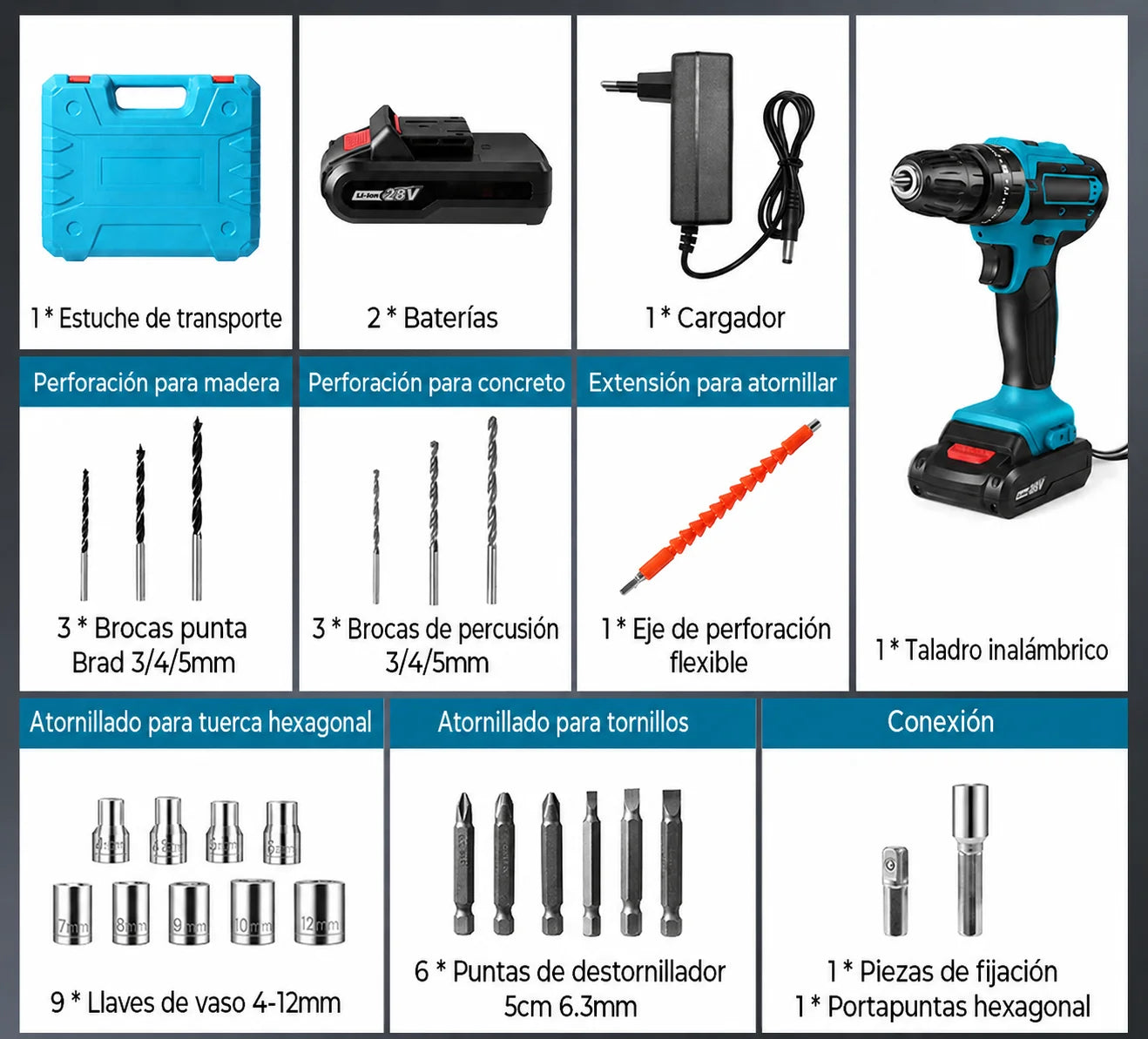 TALADRO INALÁMBRICO con PERCUTOR + 24 ACCESORIOS + 2 BATERIAS 48V